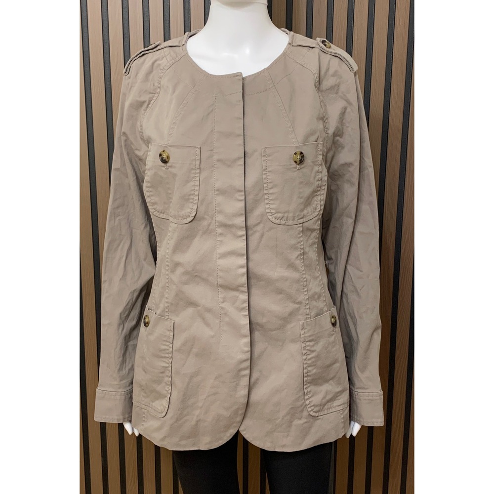Talbots Women's 12 Khaki Brown Utility Safari Jacket Collarless Military Pockets
